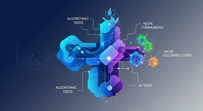 Abstract representation of shifting social media importance: algorithms, AI, and niche communities overshadow follower counts.