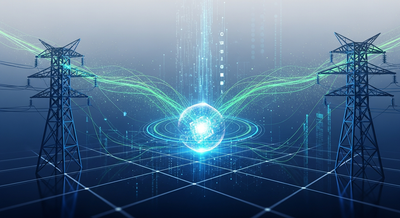 Software interface overlaying an electrical grid, with AI and data center icons, illustrating technology's role in managing rising power demand.