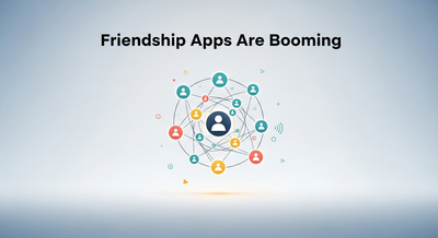 A montage of friendship app icons (222, Bumble BFF, Meetup) with diverse people meeting, symbolizing new platonic connections.