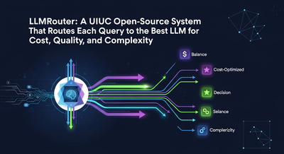 A diagram illustrating LLMRouter intelligently routing queries between multiple LLMs to optimize for cost, quality, and complexity.