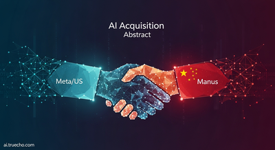 Intertwined Meta and Manus logos, with AI neural network graphics, representing their landmark US-China AI acquisition.