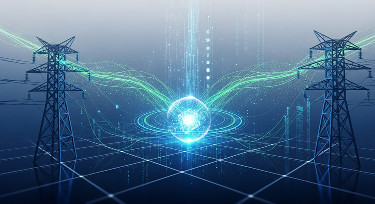 Software interface overlaying an electrical grid, with AI and data center icons, illustrating technology's role in managing rising power demand.