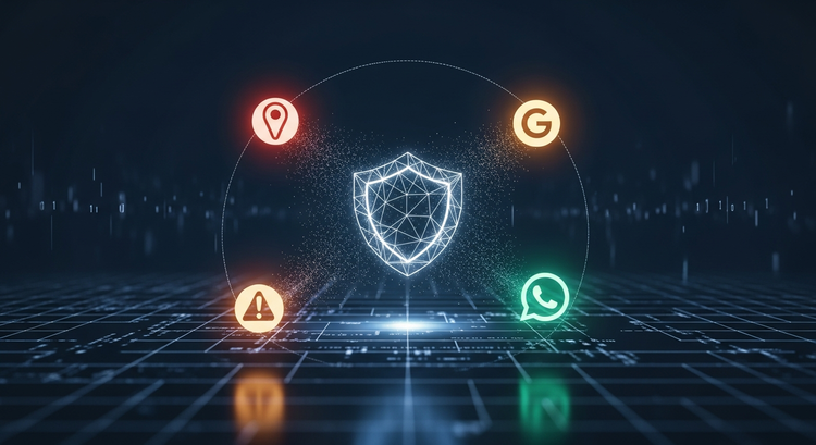 A hand holding a smartphone displaying a digital security warning or spyware alert icon from Apple, Google, or WhatsApp.