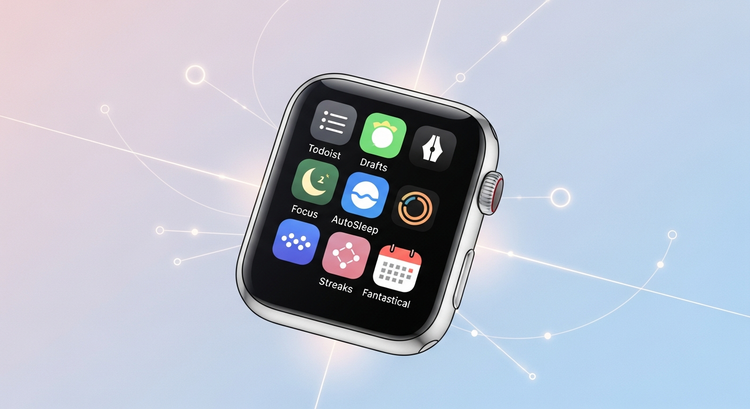 Apple Watch screen displaying productivity apps like Todoist, Drafts, Focus, AutoSleep, and Streaks.
