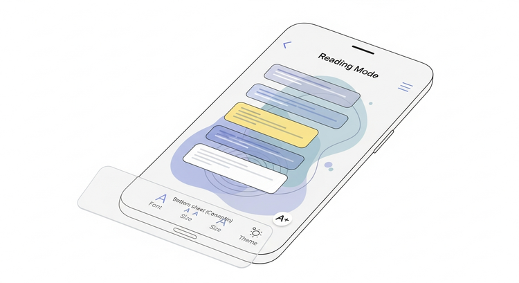 Chrome for Android Reading Mode's new Material 3 design, showing the persistent shortcut and bottom sheet with text controls.