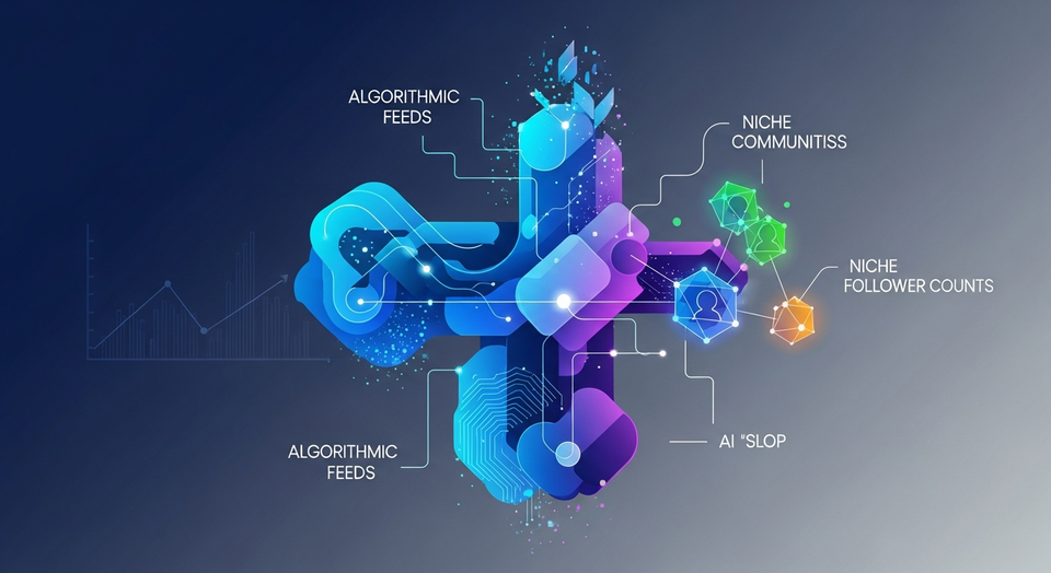 Abstract representation of shifting social media importance: algorithms, AI, and niche communities overshadow follower counts.