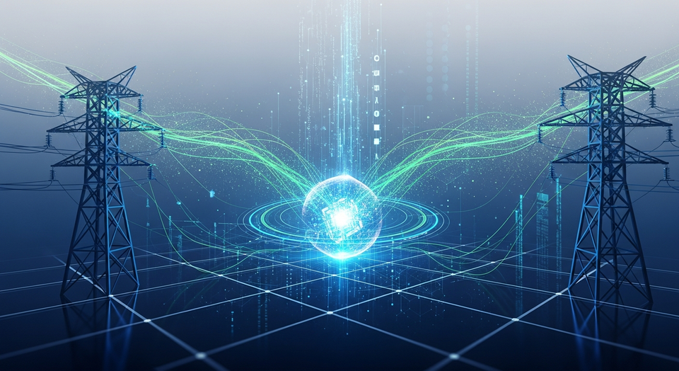 Software interface overlaying an electrical grid, with AI and data center icons, illustrating technology's role in managing rising power demand.