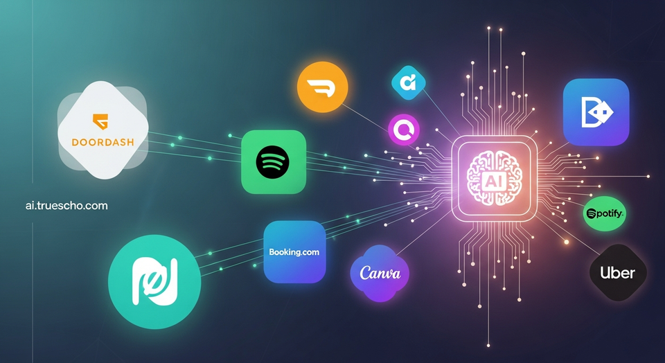 ChatGPT logo prominently displayed, with lines extending to various app icons like DoorDash, Spotify, Booking.com, and Canva, symbolizing integrations.