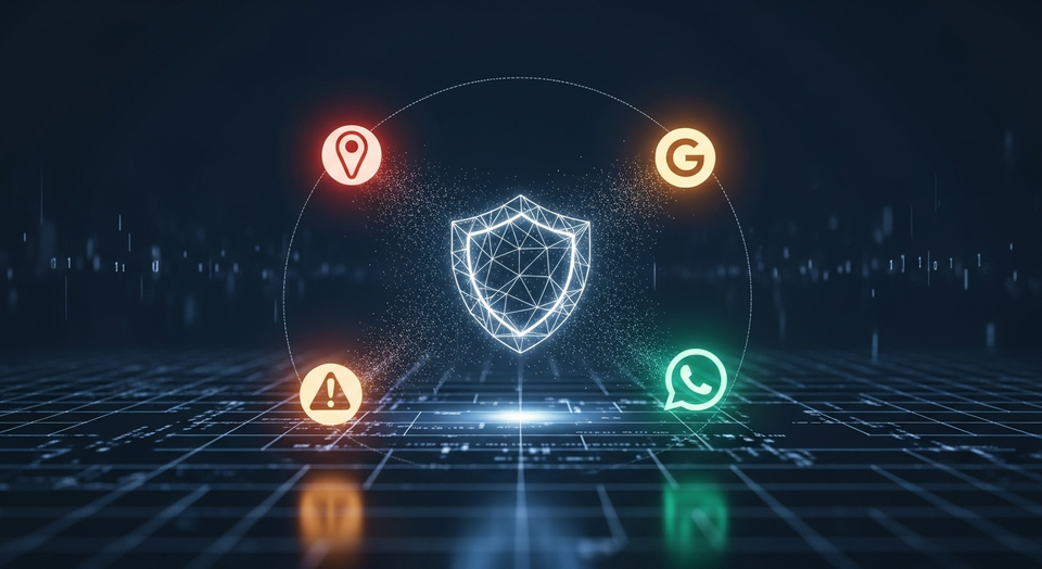 A hand holding a smartphone displaying a digital security warning or spyware alert icon from Apple, Google, or WhatsApp.