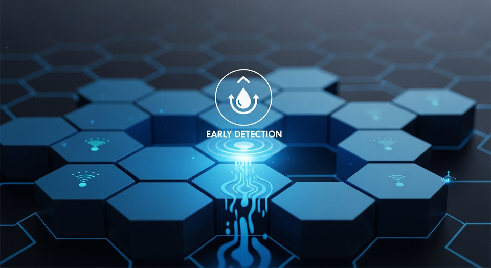 MayimFlow IoT sensors monitoring a data center floor for water leaks, leveraging edge AI for early prediction.