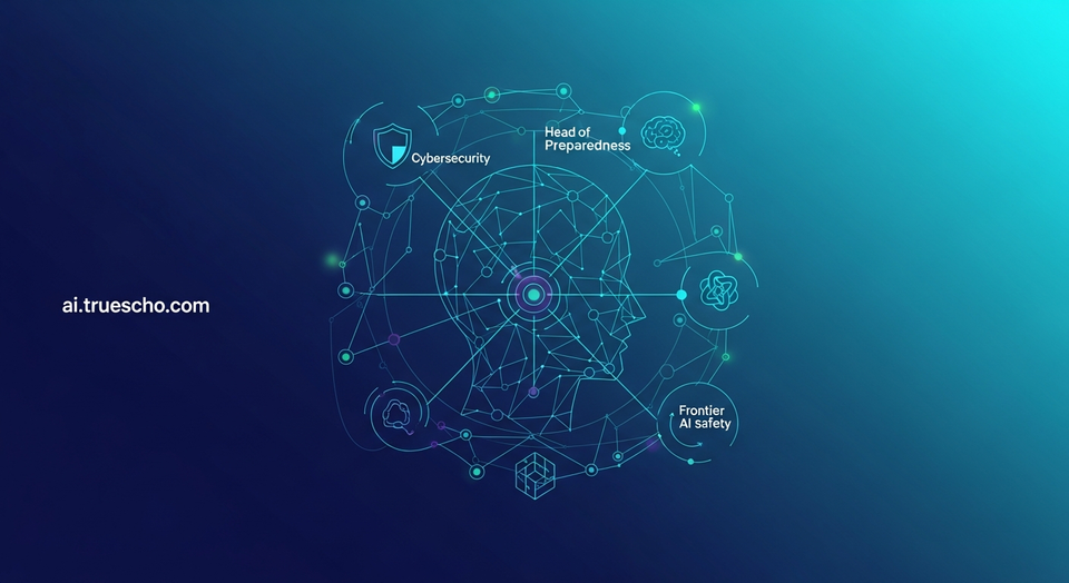 OpenAI logo with shield and icons for cybersecurity, mental health, and AI safety risks, highlighting new Head of Preparedness.