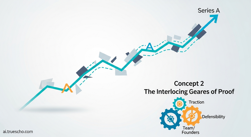 A startup founder presenting data to a panel of investors, illustrating the high bar for Series A funding in a competitive market.