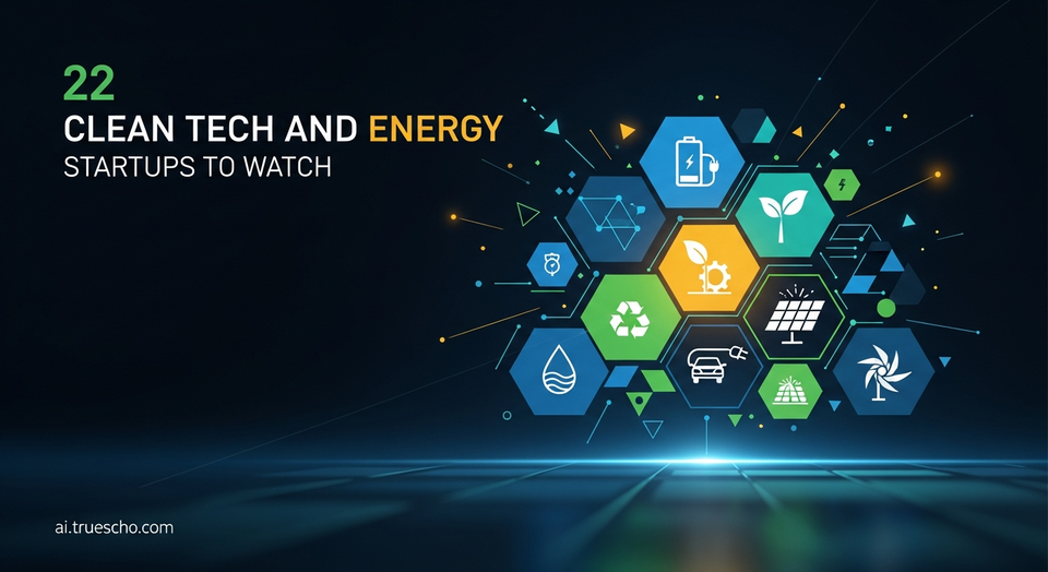 Illustrations of clean energy solutions: battery recycling, green cement, EV charging, water treatment, from Disrupt Battlefield 200.