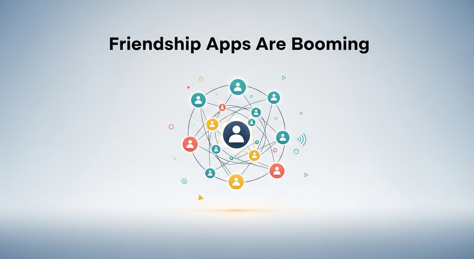 A montage of friendship app icons (222, Bumble BFF, Meetup) with diverse people meeting, symbolizing new platonic connections.