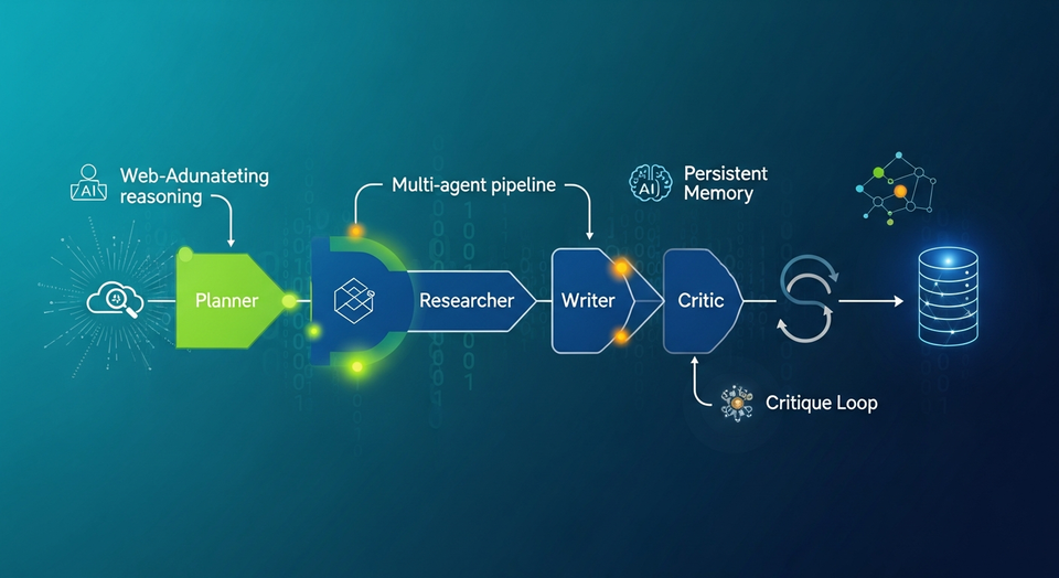 CAMEL multi-agent pipeline diagram showing Planner, Researcher, Writer, Critic, Finalizer roles, with web search, critique loops, and memory.