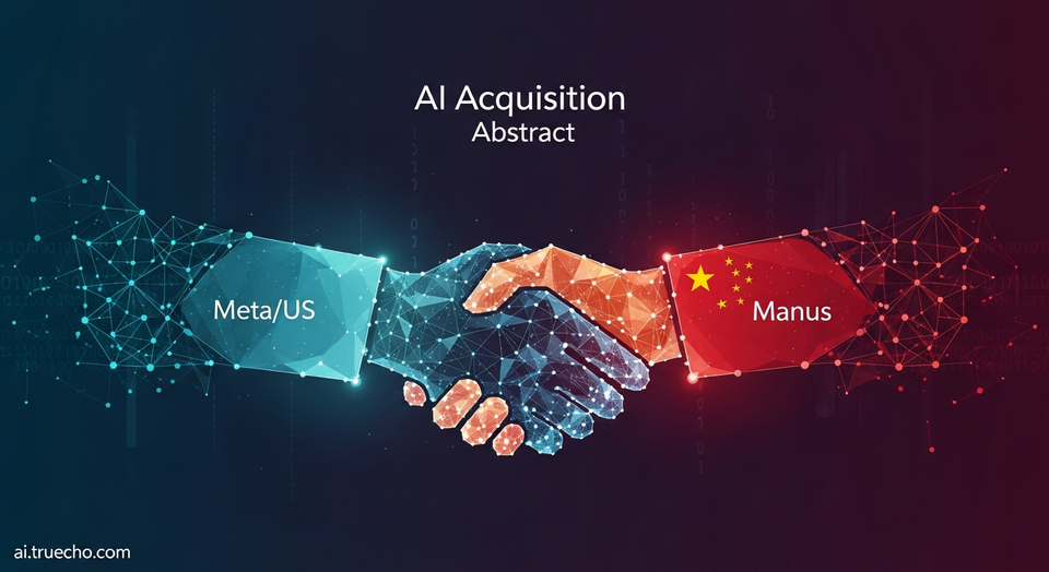 Intertwined Meta and Manus logos, with AI neural network graphics, representing their landmark US-China AI acquisition.