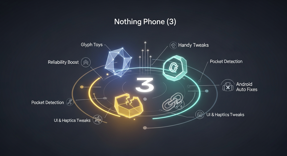 Nothing Phone (3) December 2025 update screen showing improvements to Glyph Toys, pocket detection, Android Auto, and UI haptics.